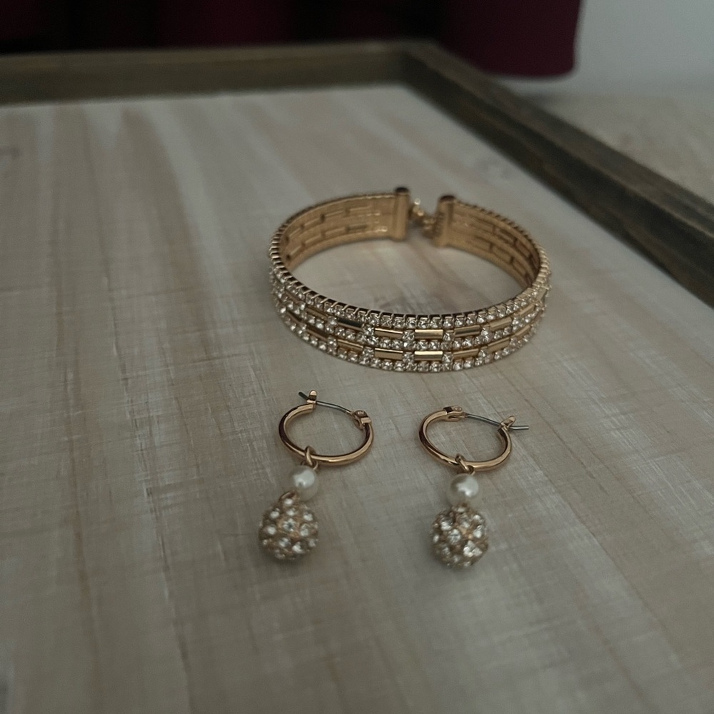 Gold Sparkling Cuff Bracelet with Rhinestones and Matching Earrings